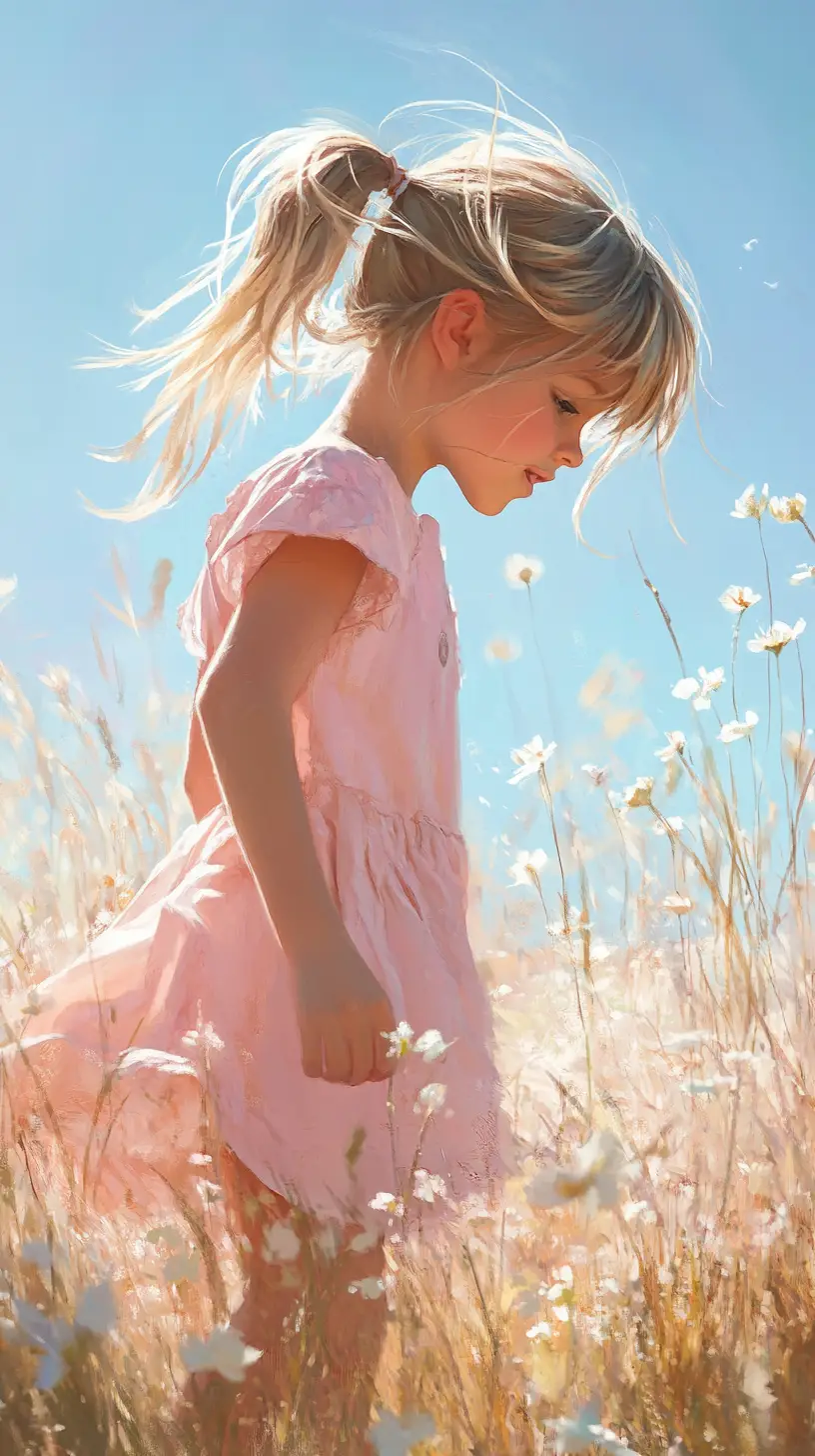 Young girl in pink dress walking through sunny meadow