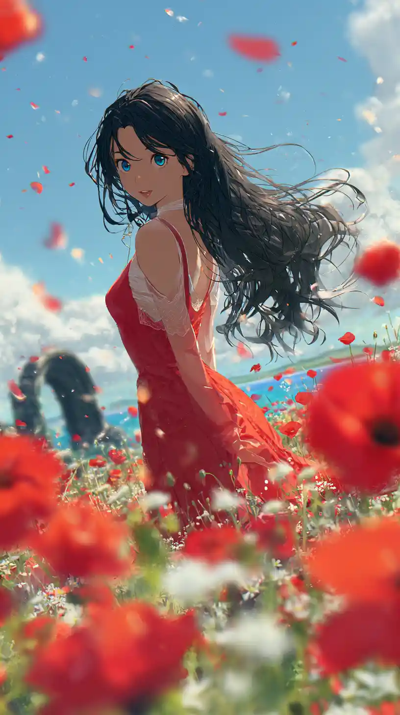 Anime girl in red dress in glowing poppy field