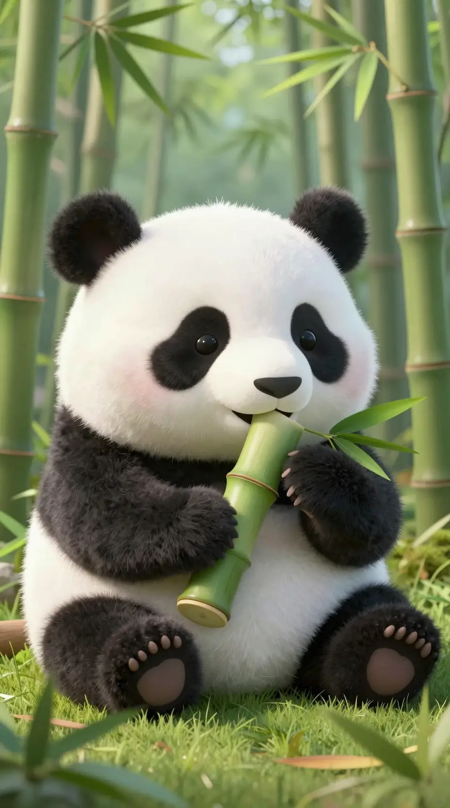 Süßes Baby-Panda, das im Wald Bambus knabbert – Illustration