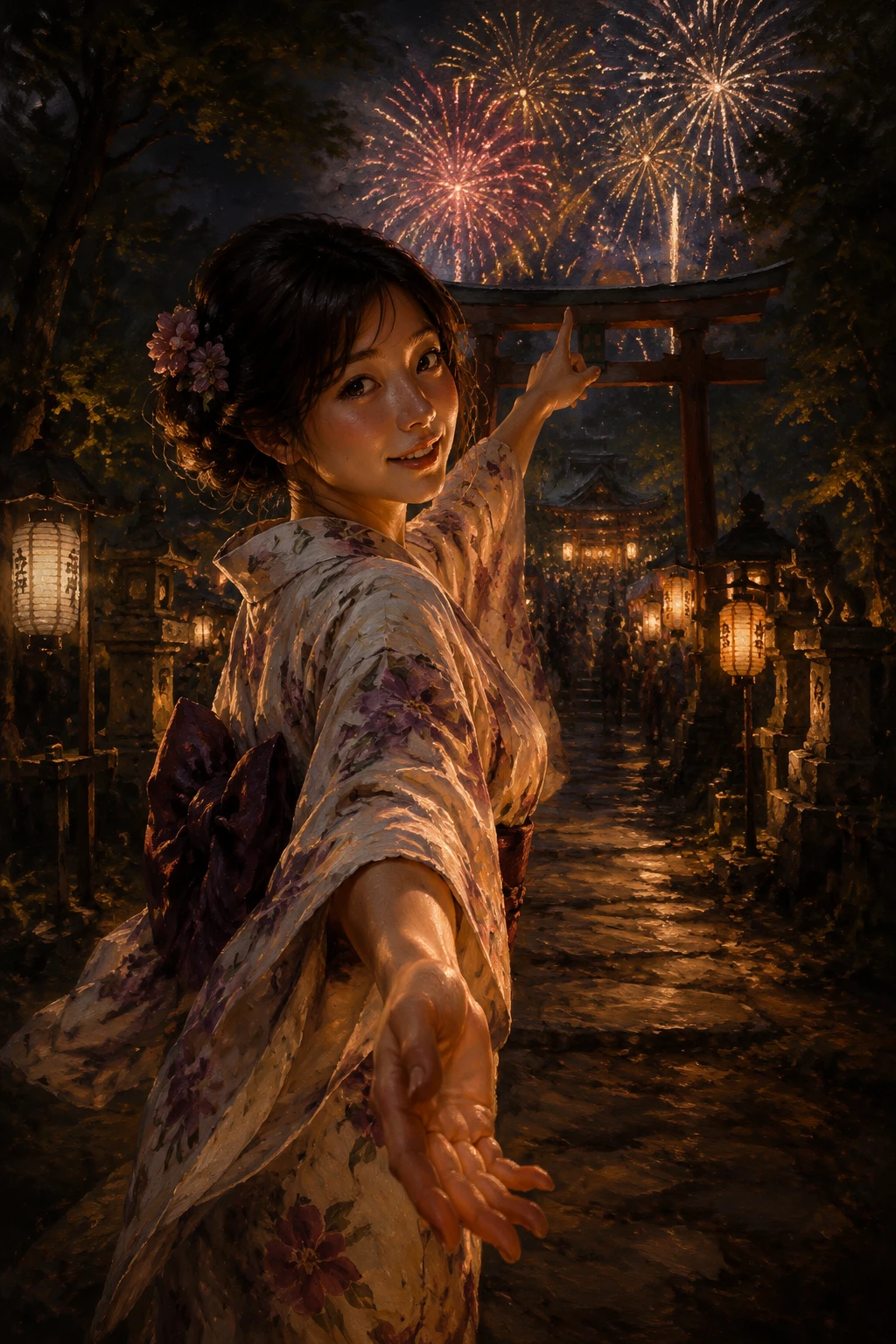 Chica japonesa con yukata en un sendero de santuario iluminado por faroles