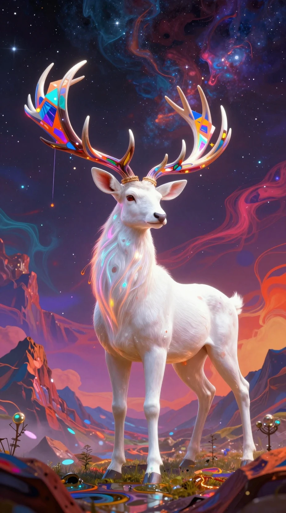 Majestic White Stag In Psychedelic Cosmic Fantasy Landscape