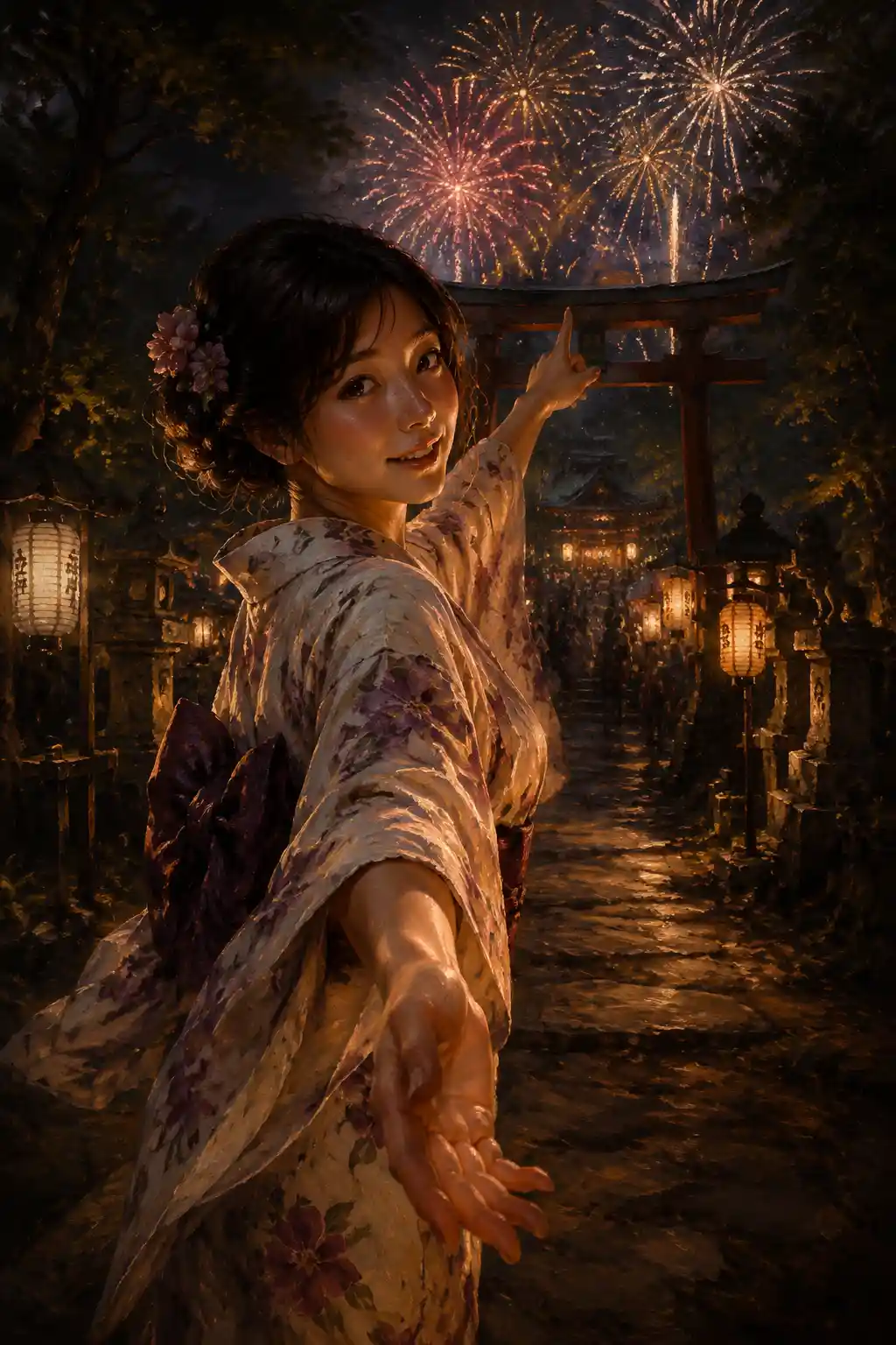 灯篭に照らされた神社の参道を歩く浴衣姿の日本娘
