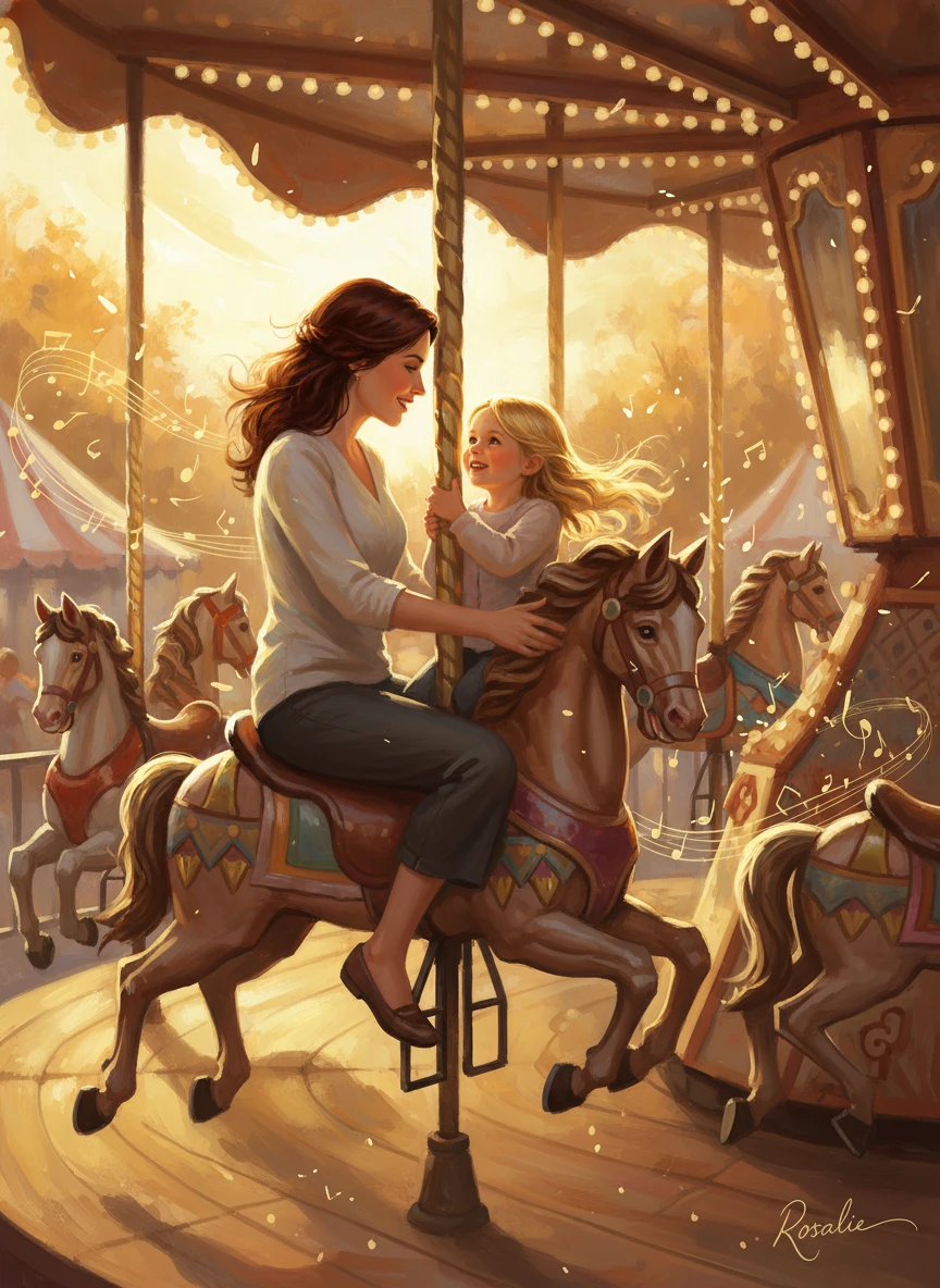 Mãe e filha andando de carrossel na hora dourada