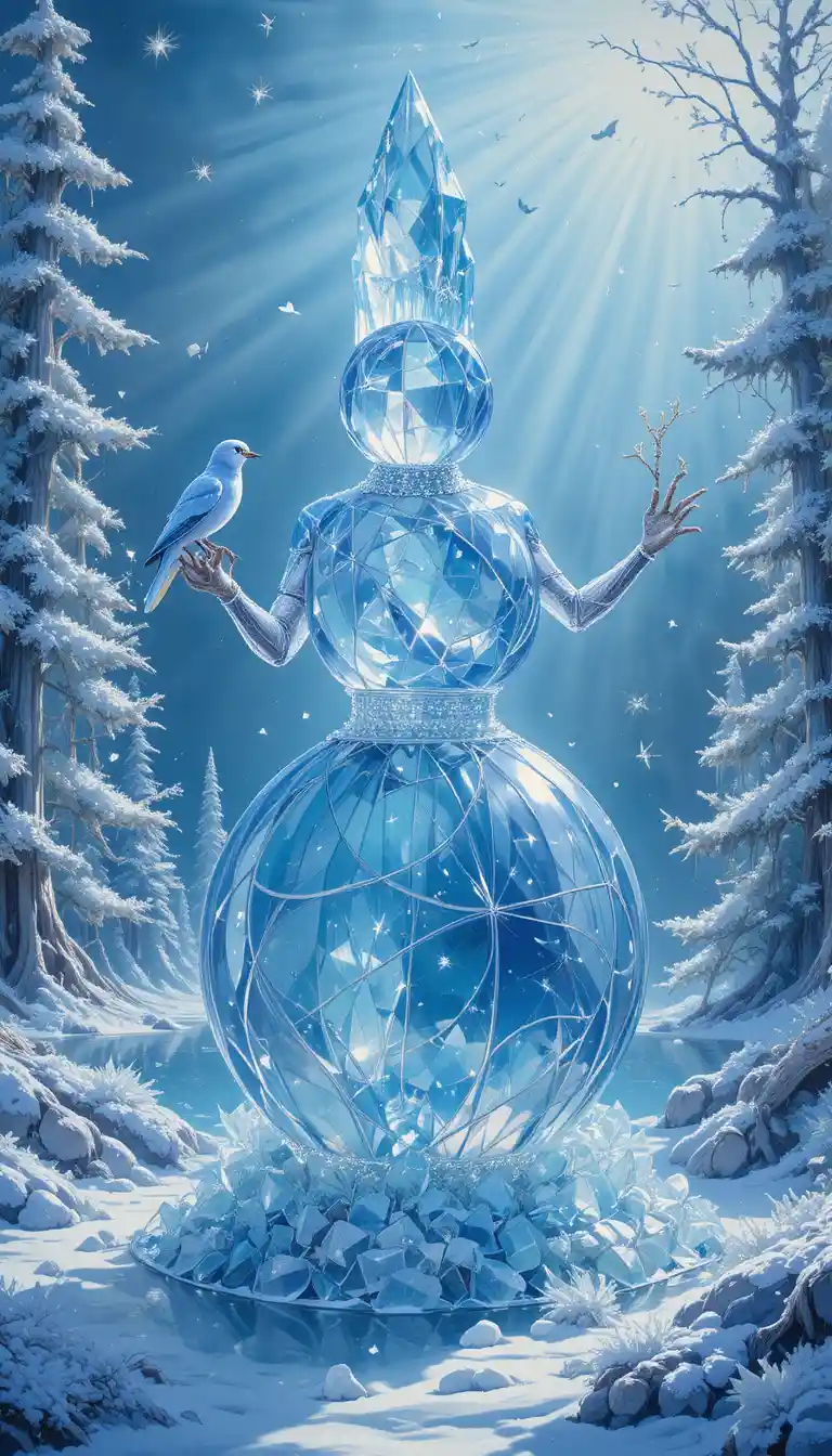 Bonhomme de neige en cristal près d’un lac scintillant avec des arbres de cristal