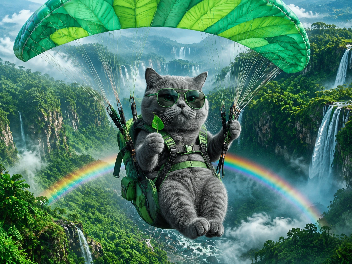Gatto British Shorthair in parapendio sopra una rigogliosa valle tropicale