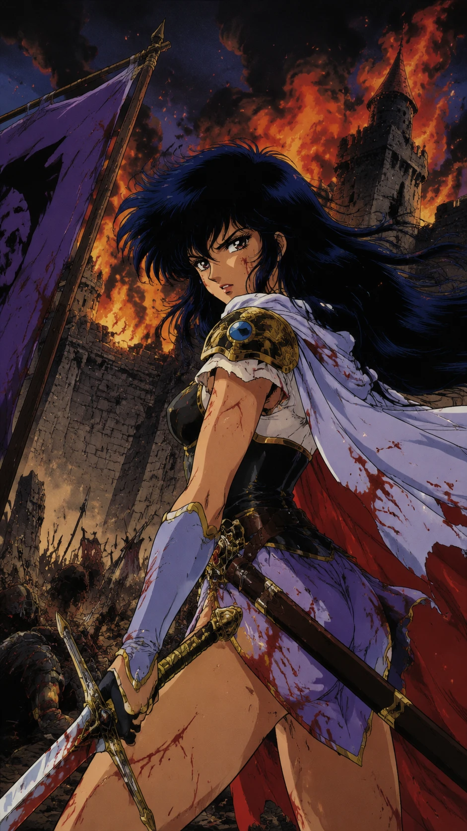 Female anime warrior standing in a dramatic battle scene