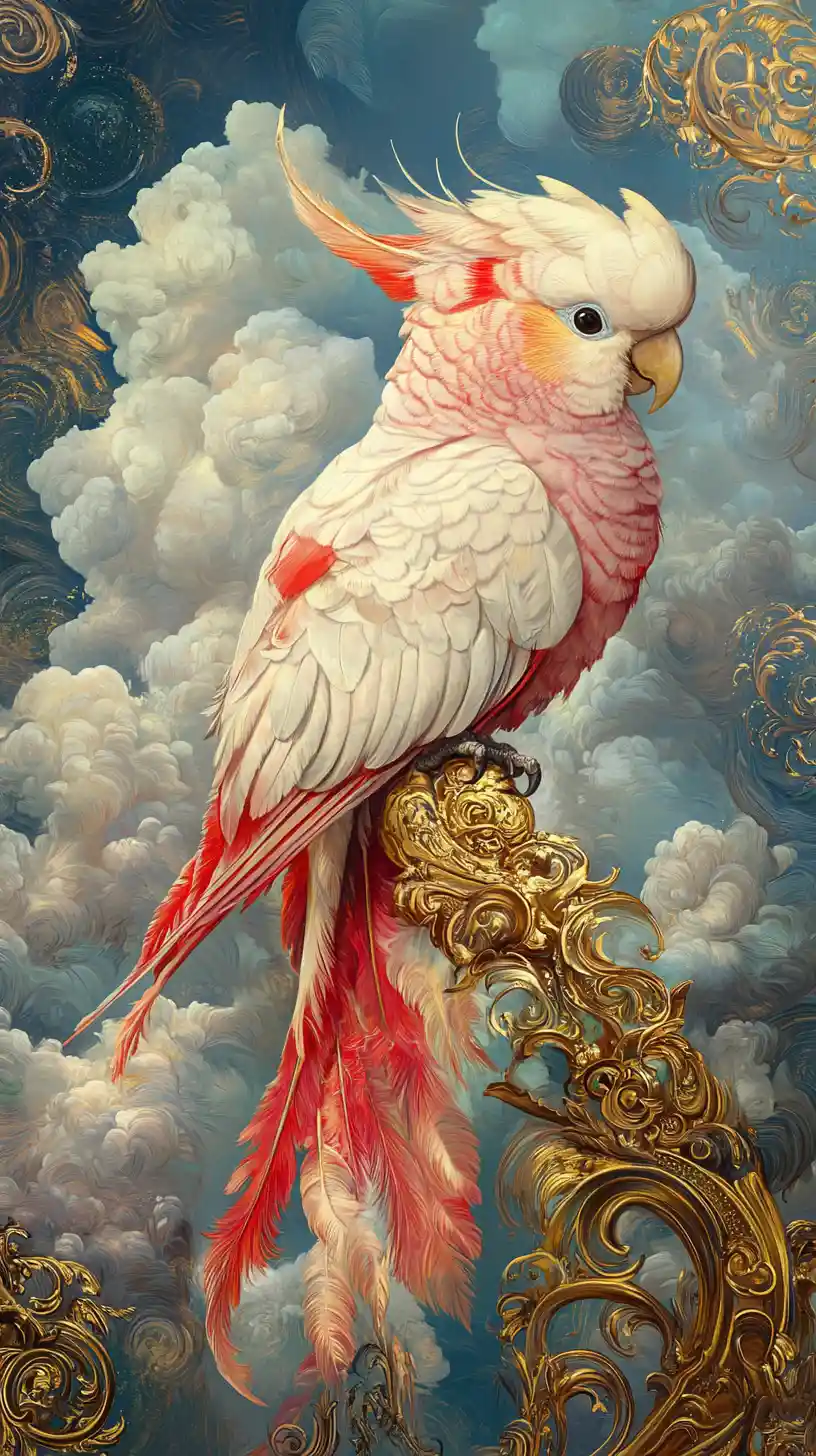 Surreal parrot on golden branch in dreamy blue sky