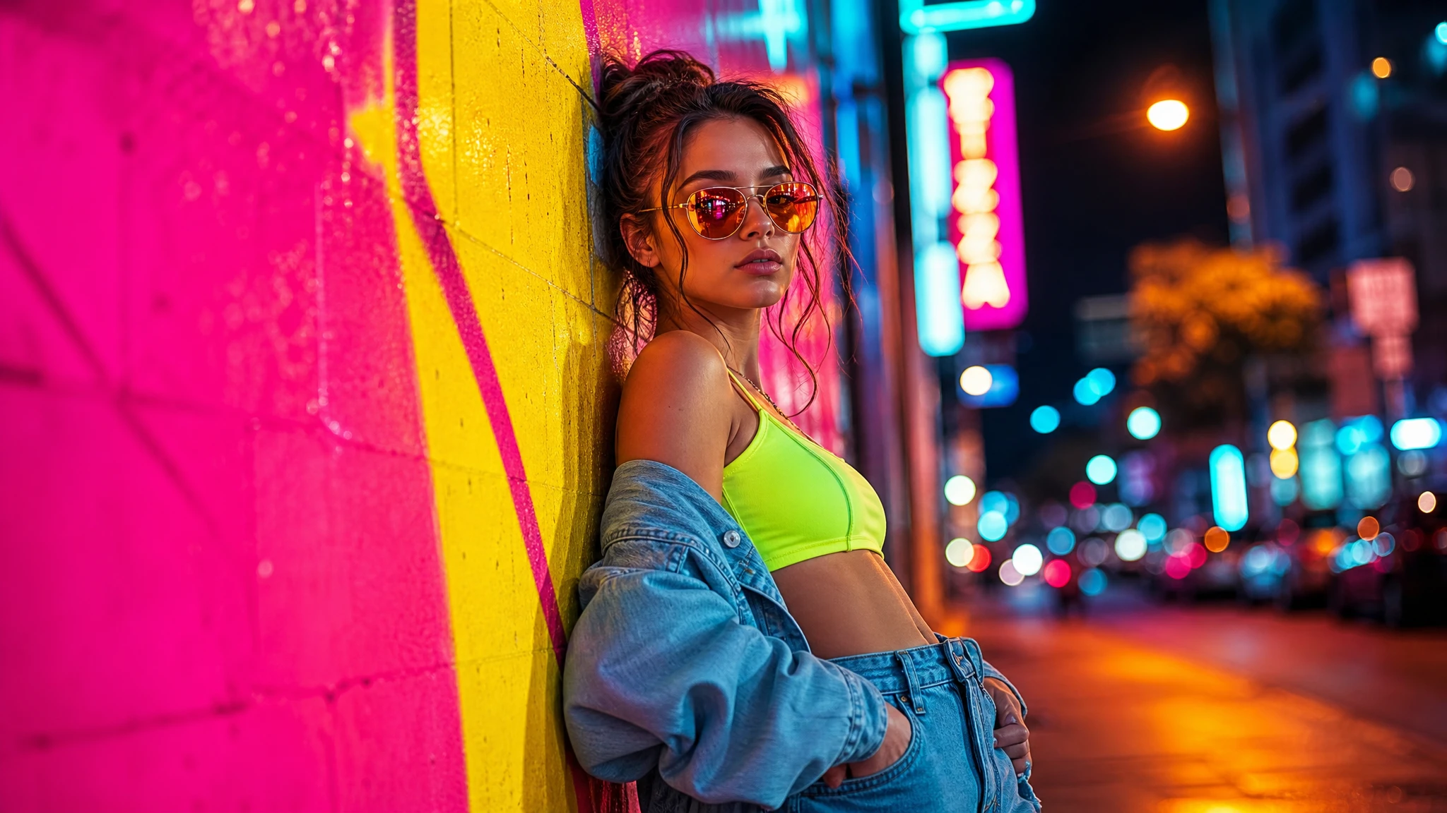 Mulher confiante em moda street neon diante de parede iluminada