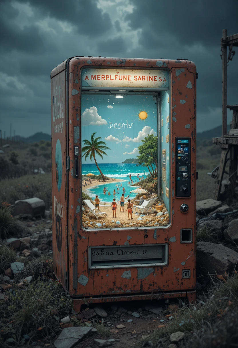 Distributeur automatique abandonné révélant un ensoleillé monde de plage miniature