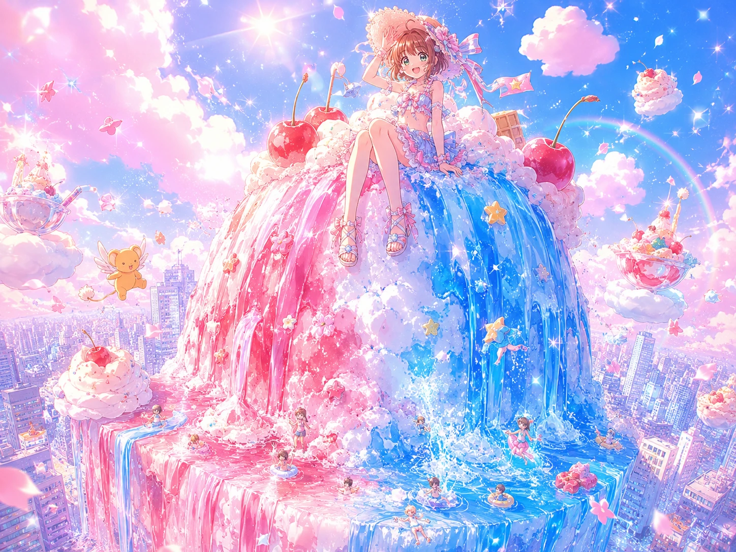 夢幻天空中巨大刨冰上的動漫少女