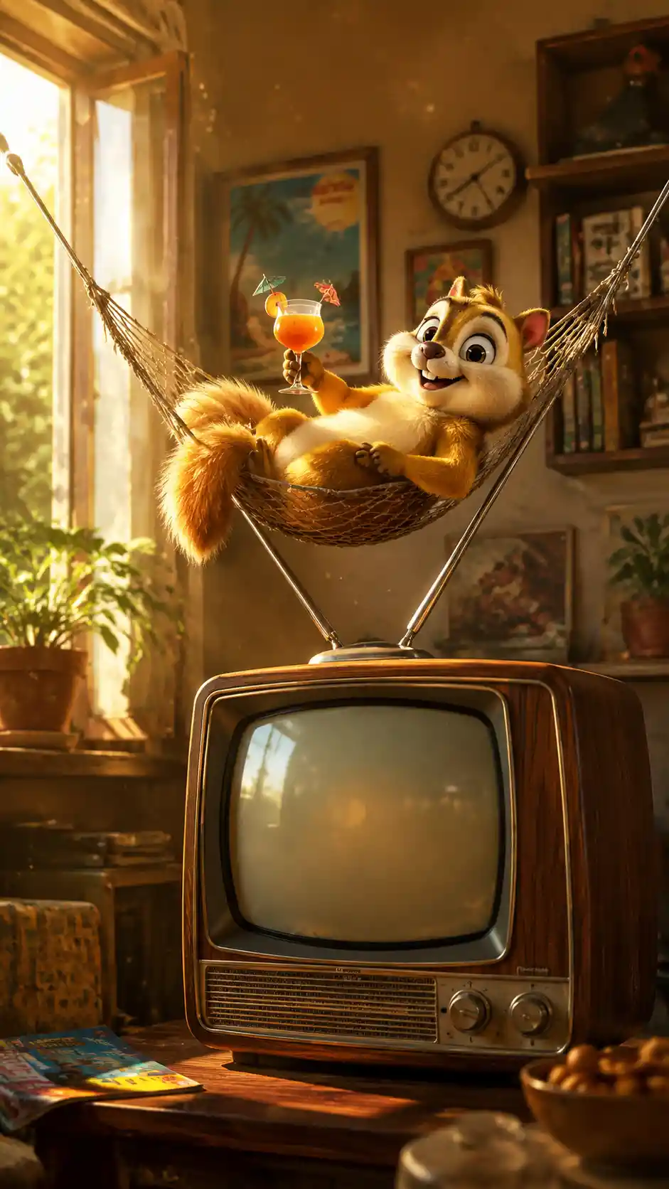 Créature de dessin animé se relaxant dans un hamac sur une télévision vintage