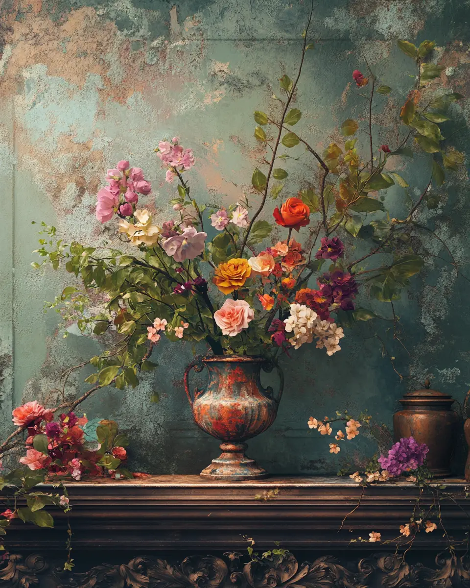 Baroque floral still life with weathered vase and wall