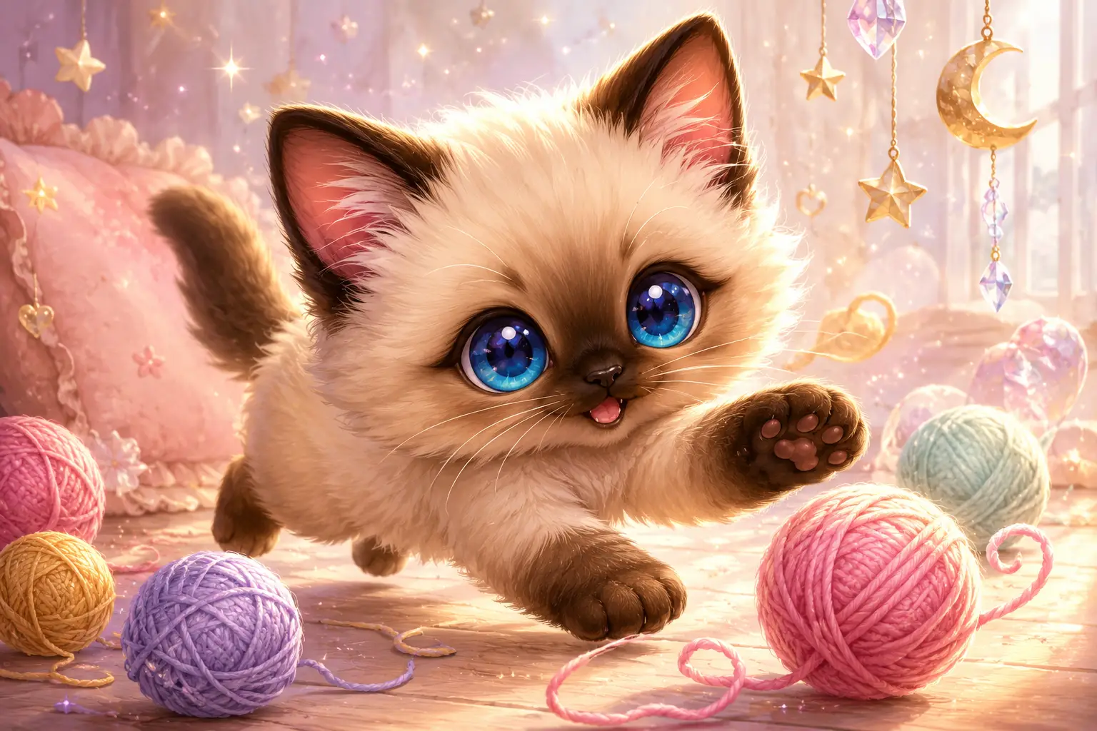 Dolce gattino siamese chibi che gioca con gomitoli di lana pastello