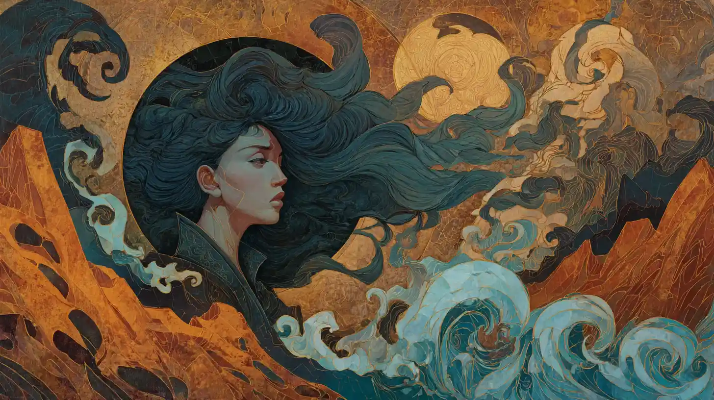 Elemental goddess in swirling surreal elemental landscape