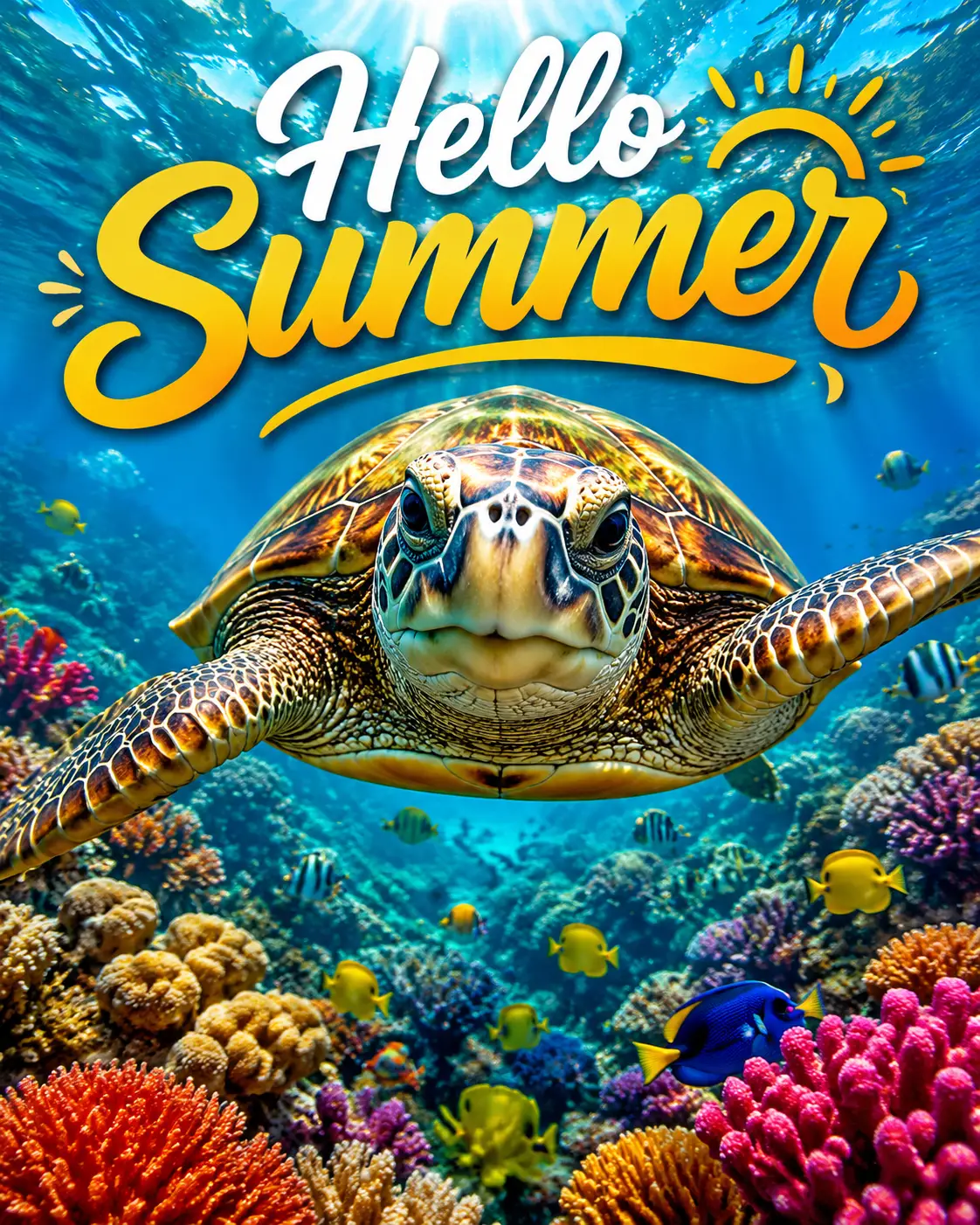 Tortue de mer nageant de près au-dessus d’un récif corallien coloré