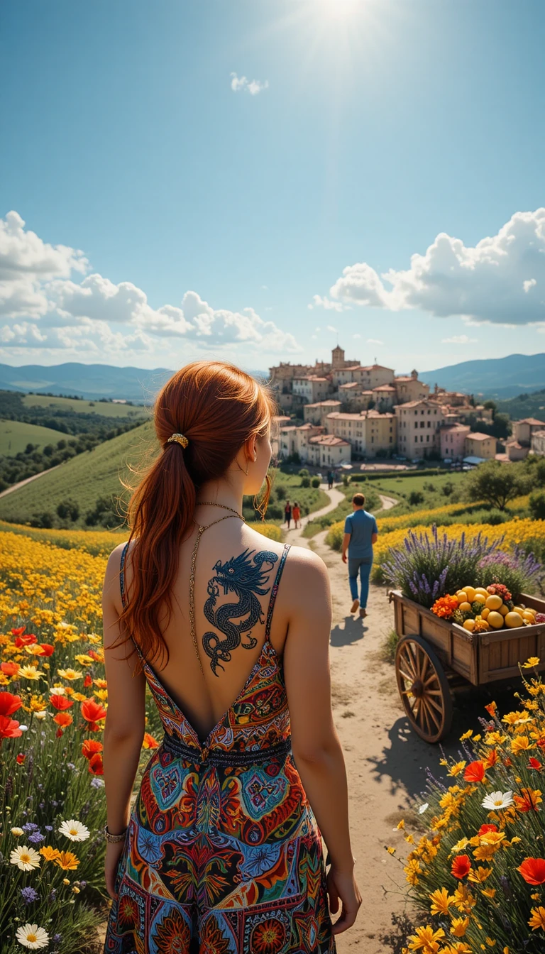 Donna in un campo di fiori selvatici con tatuaggio di drago sulla schiena