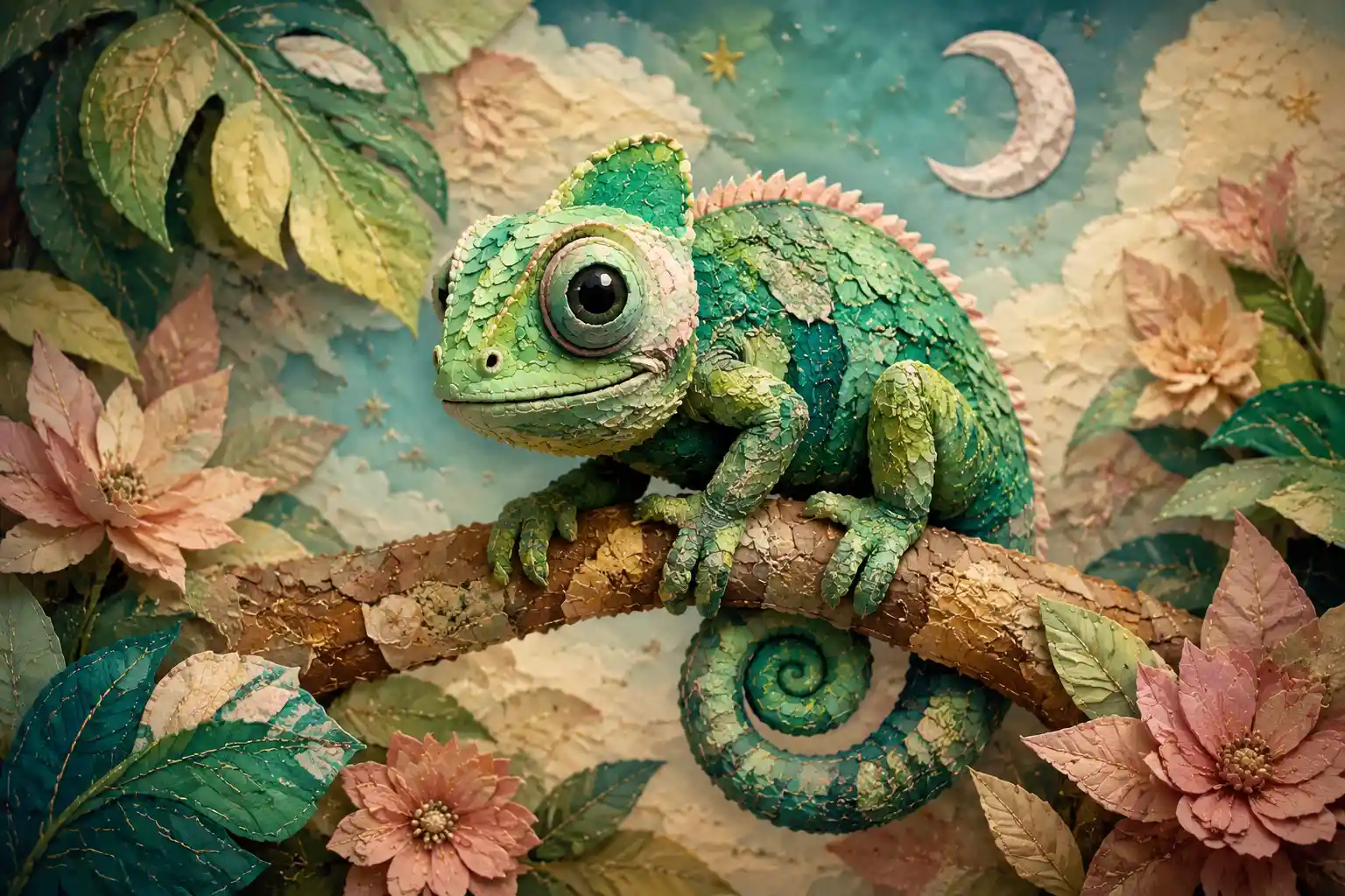 Cute papercraft chameleon in a cozy quilt collage
