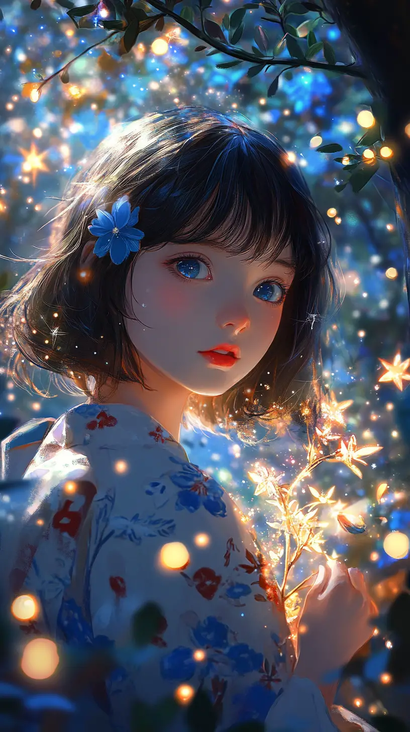 Fille d’anime avec plante lumineuse dans une forêt étoilée