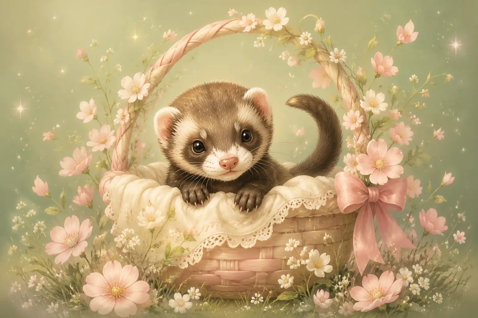 Cute baby ferret peeking from pastel basket illustration