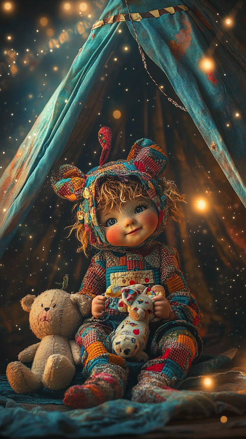 Enfant patchwork avec jouet dans un chapiteau de cirque délavé