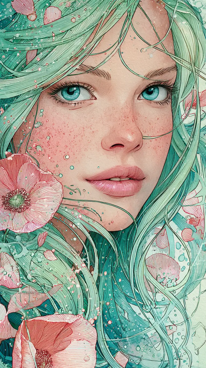 Ethereal girl portrait with watercolor floral hair