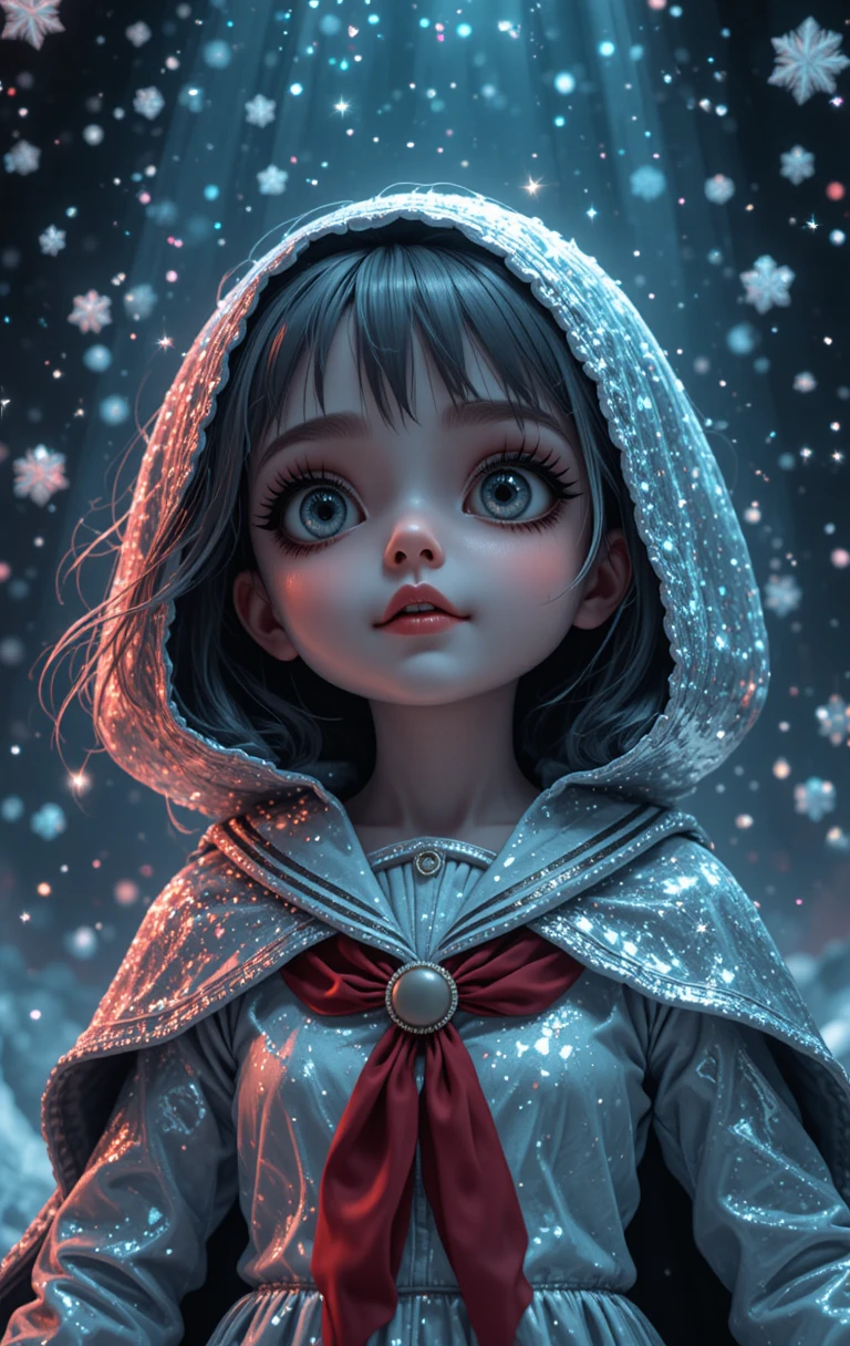 Boneca de marinheiro assustadora sob estrelas cintilantes e flocos de neve