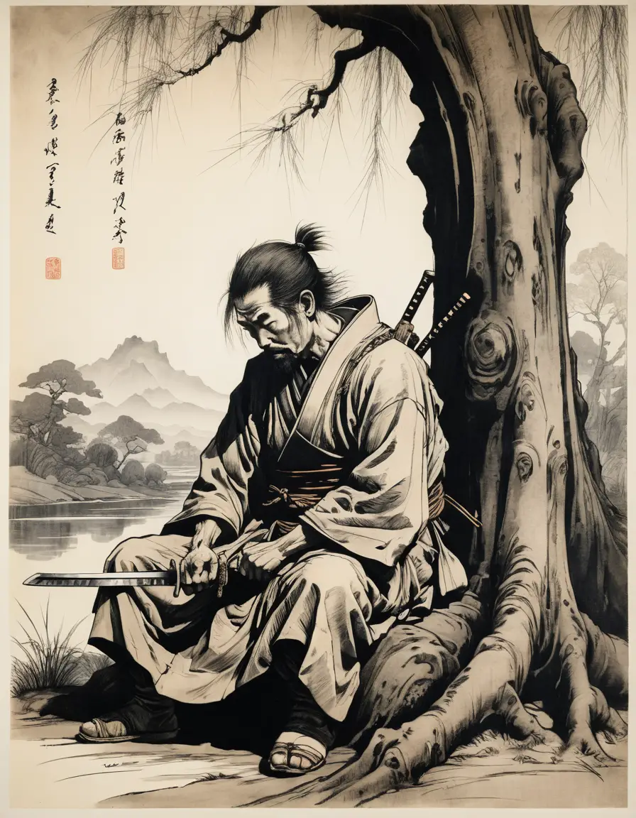 Wounded samurai resting beneath a weeping willow tree