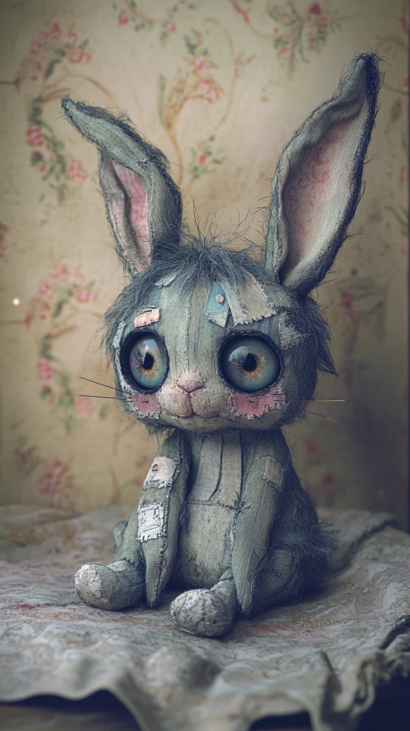 Coelho de brinquedo costurado em um canto mágico e escuro do berçário