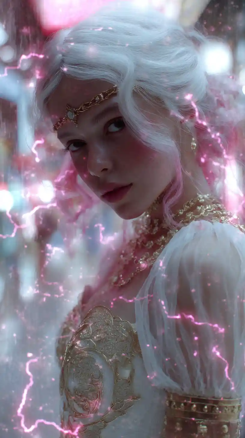 White haired woman in neon futuristic city at night