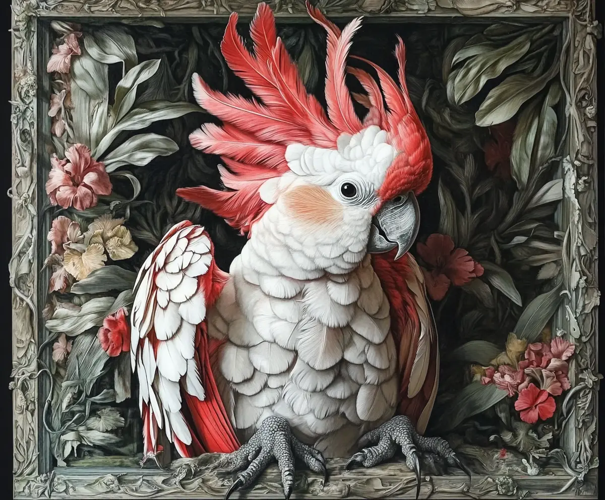 抽象形態中棕櫚鳳頭鸚鵡的超現實幻象