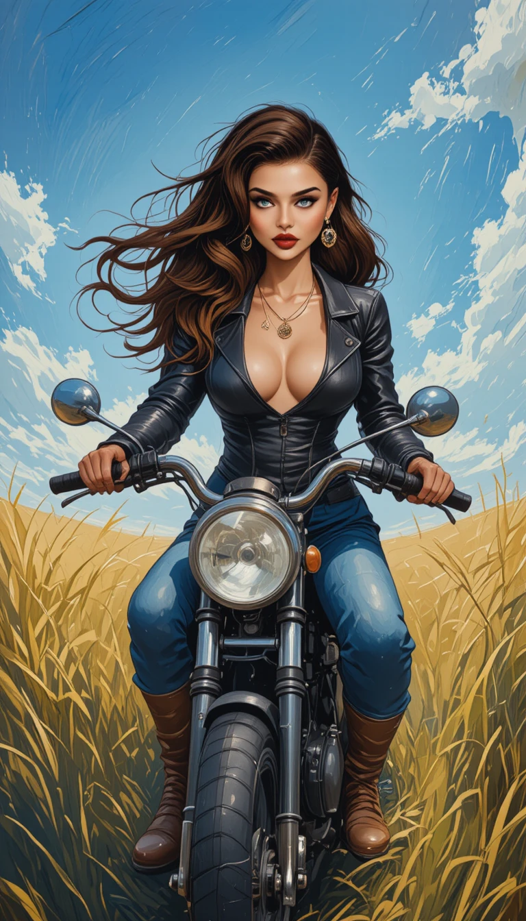Mädchen fährt mit einem Motorrad über ein sonniges Grasfeld