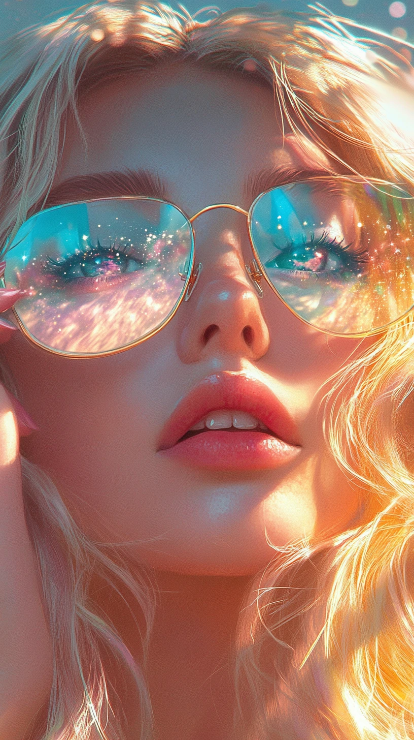 Close-up onírico de mulher com óculos de sol aviador dourados