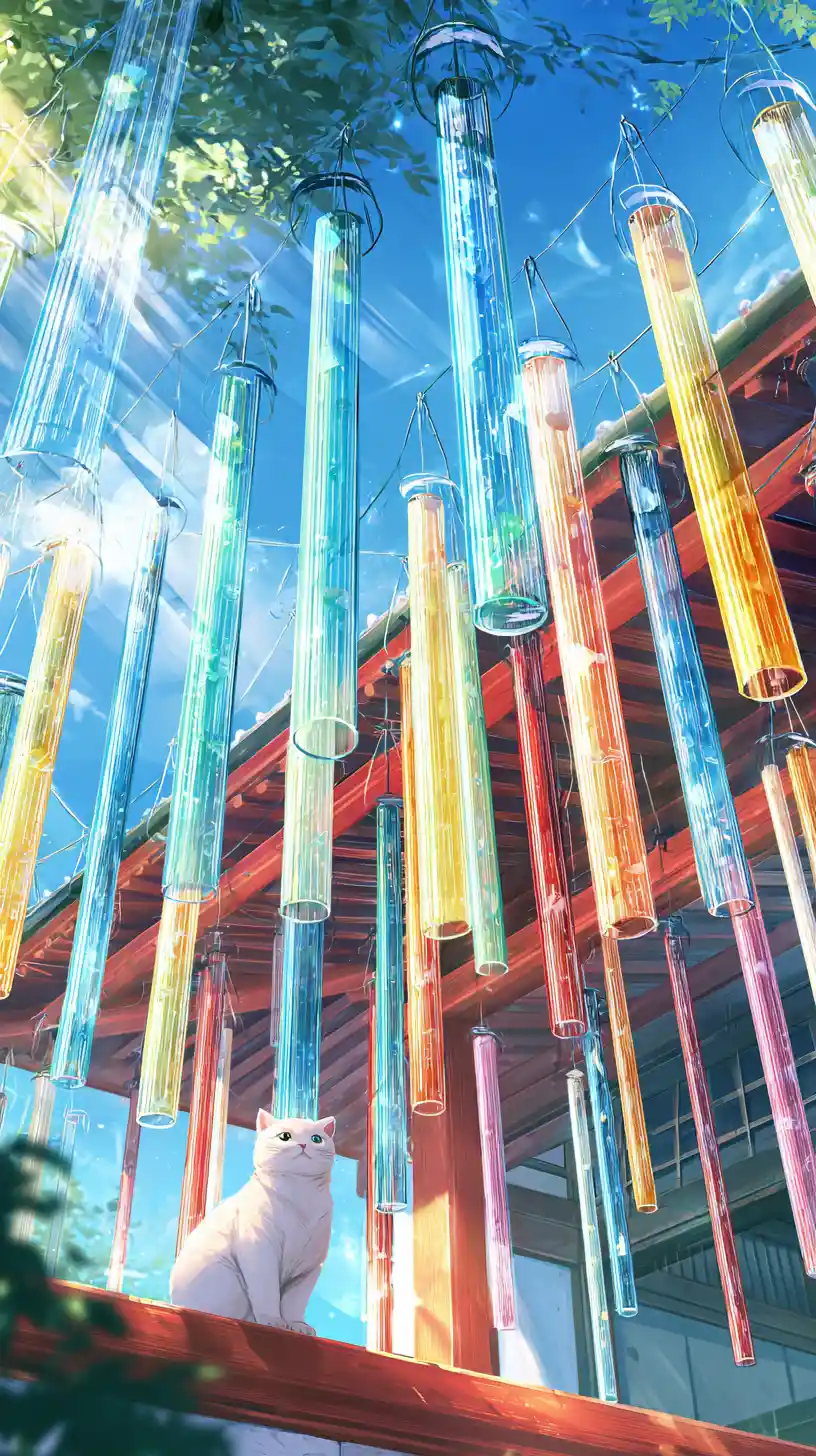 Anime glass wind chimes above a calm shrine cat