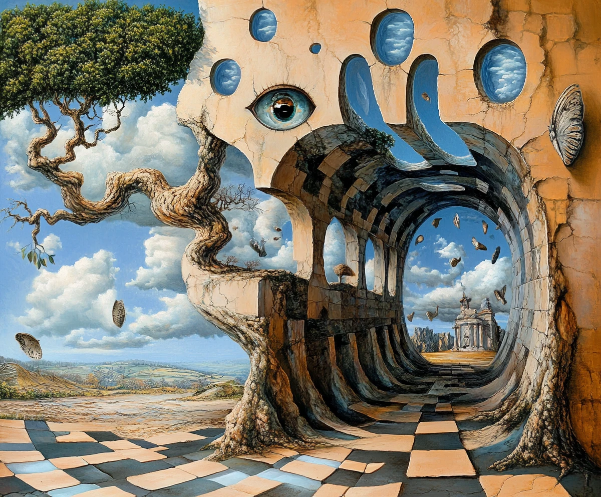 Œuvre surréaliste d’illusion d’optique avec plusieurs images cachées