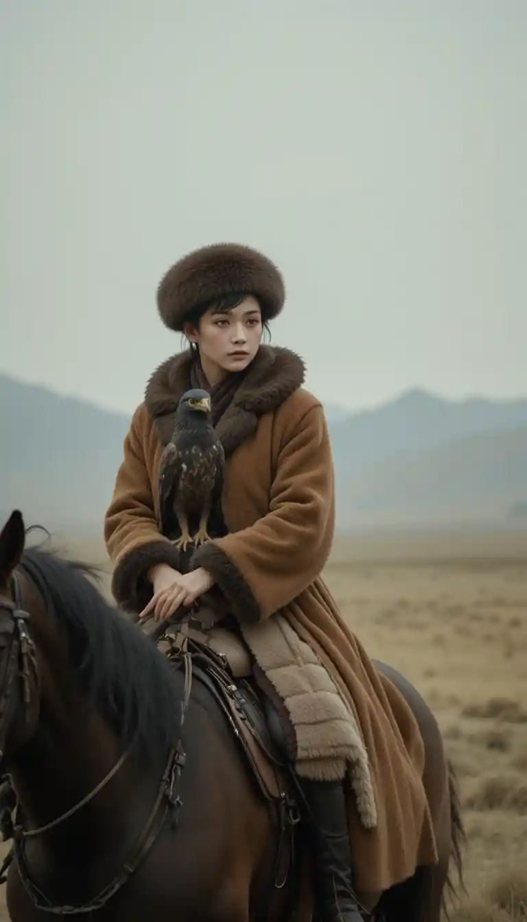 Cazadora japonesa a caballo con águila real embozada