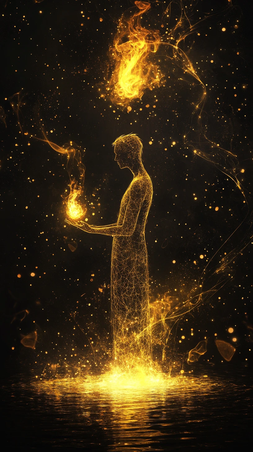 Leuchtende Silhouette mit schwebender goldener Lichtflamme