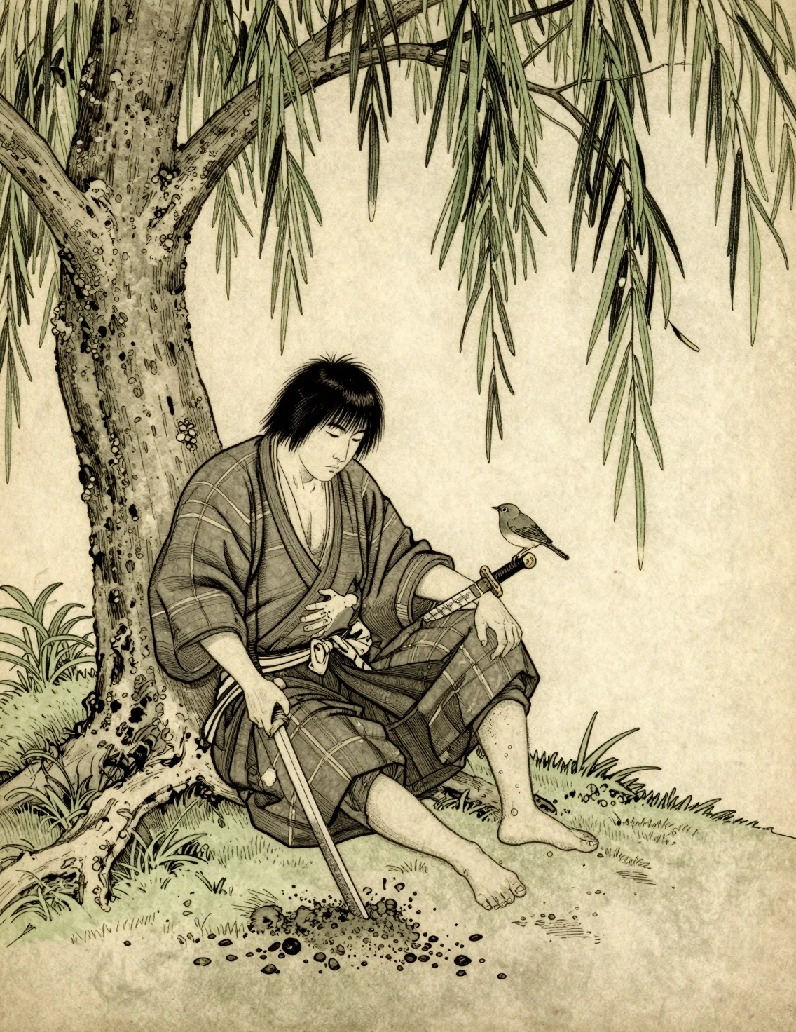 Verwundeter Samurai ruht unter einer Trauerweide