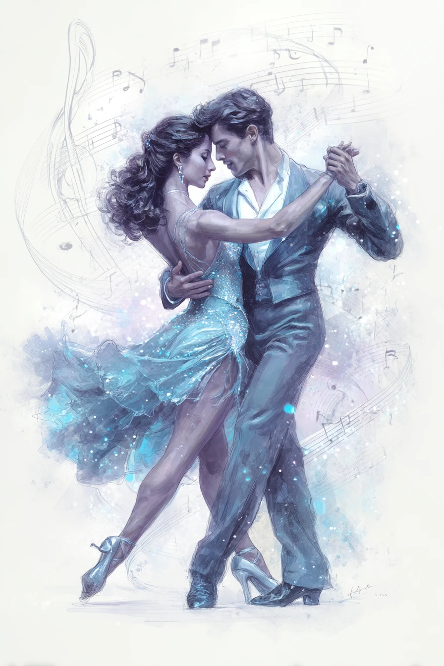 Casal dançando em aquarela cercado por notas musicais brilhantes