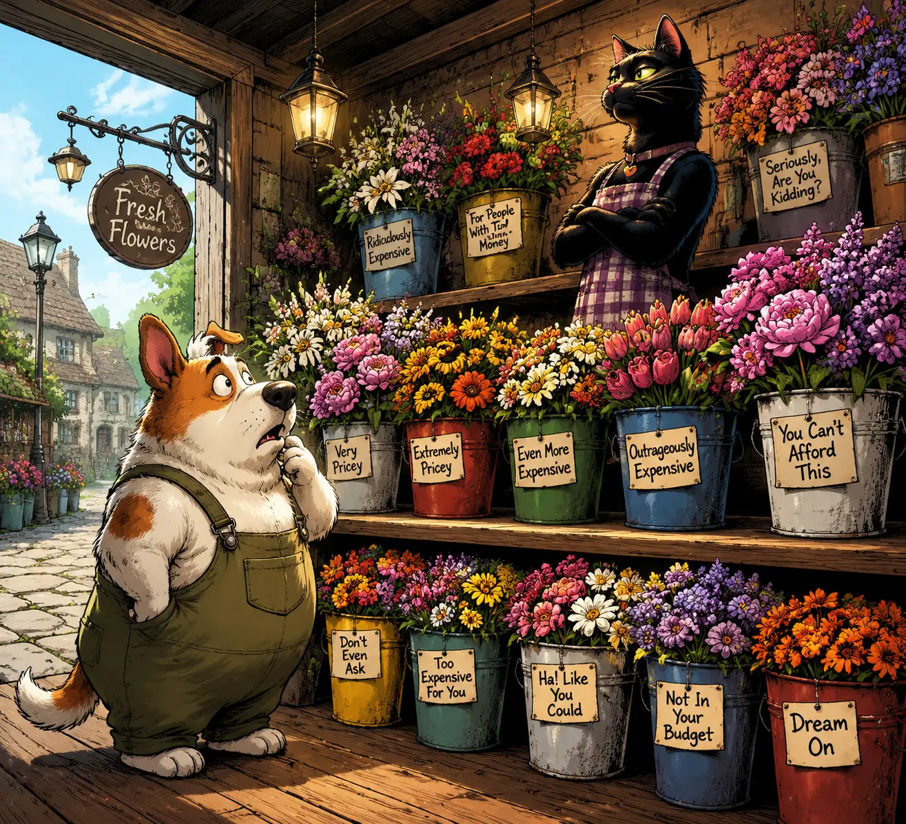 Cartoon dog in rustic flower shop comic illustration