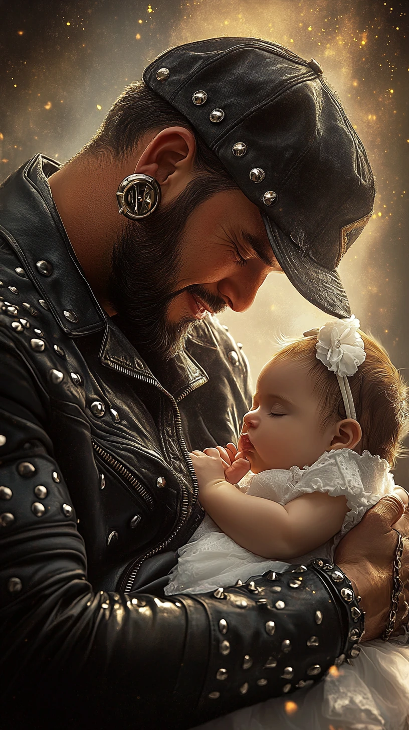 Padre rockstar acunando a su hija recién nacida a la hora dorada