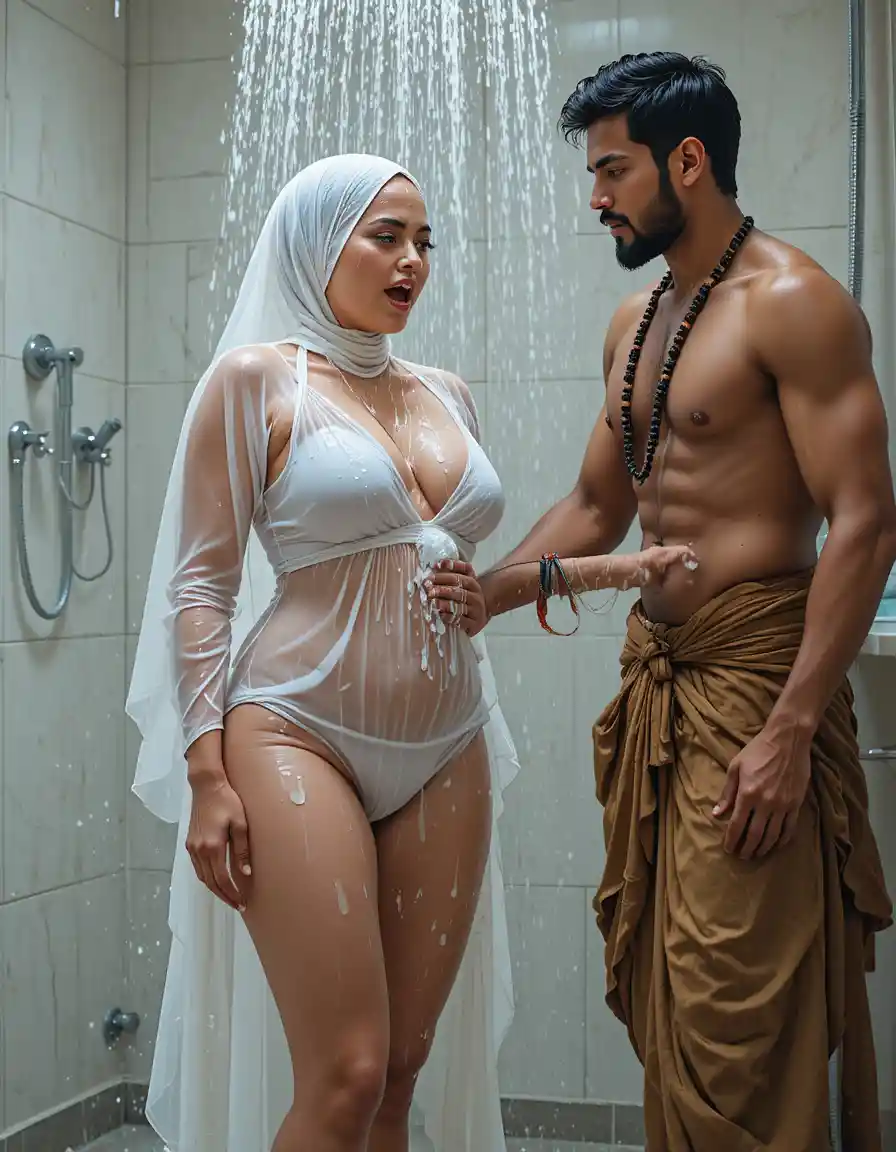 Femme sud-asiatique prenant une douche en robe blanche transparente