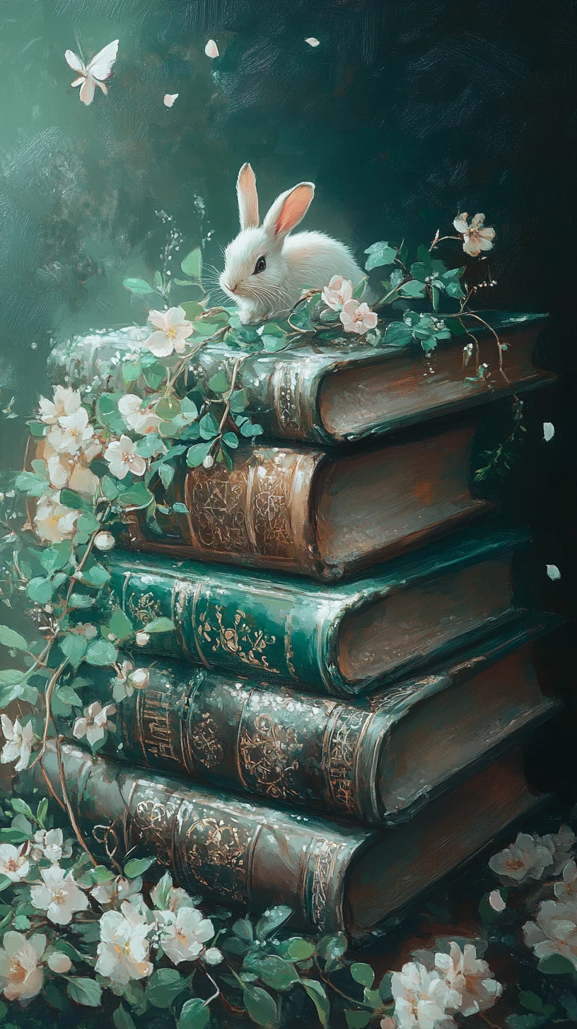 Livros de Feitiços Encantados com Coelho Familiar na Suave Luz da Manhã