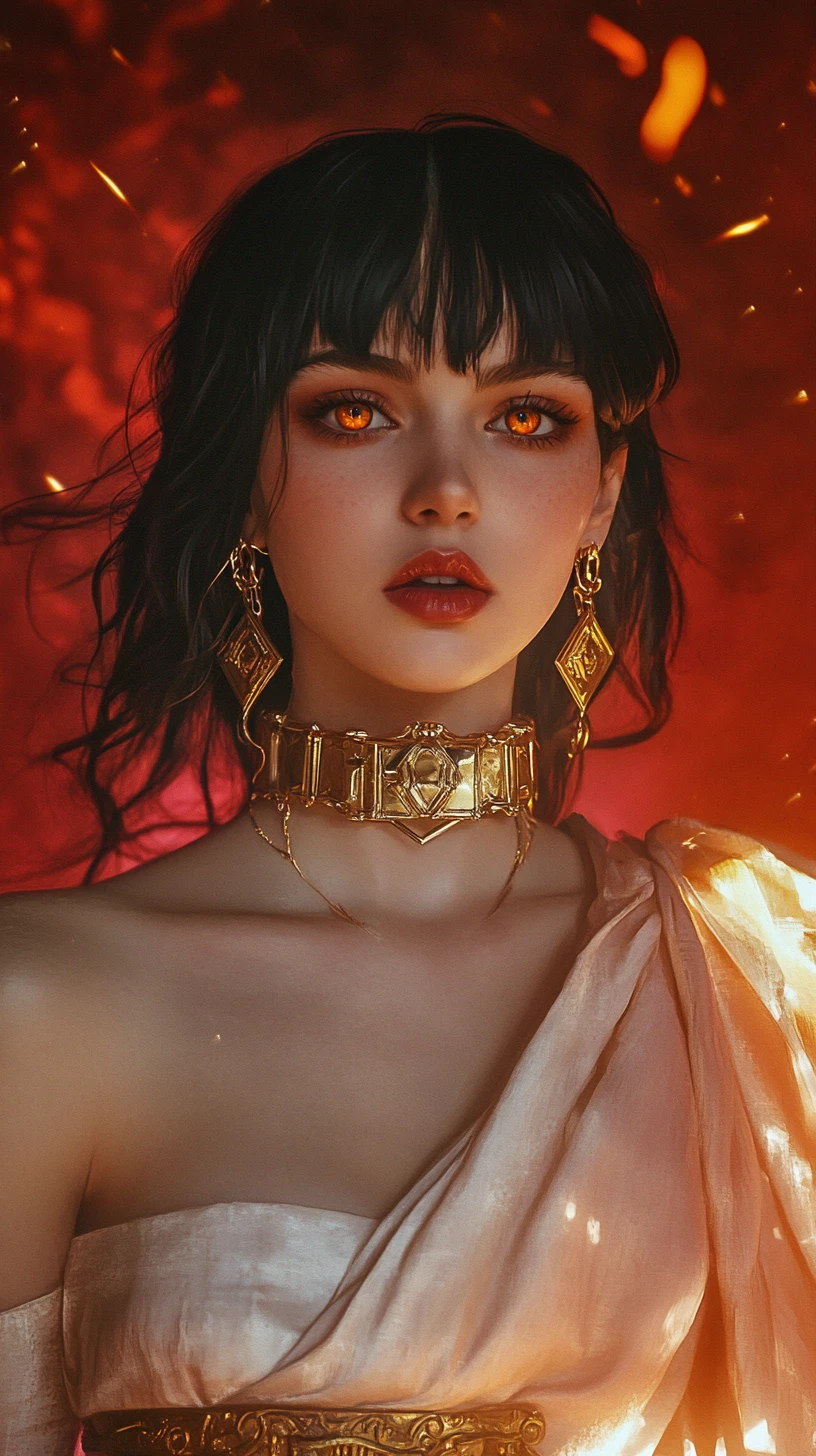 Mulher de anime imponente com joias douradas e brilho flamejante