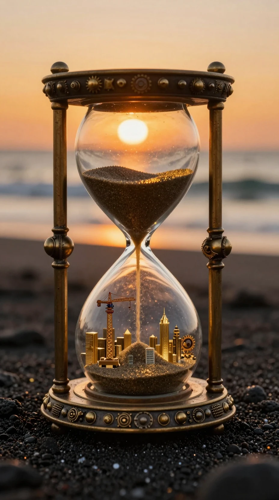 Steampunk-Sanduhr auf schwarzem Sand mit leuchtender goldener Stadt