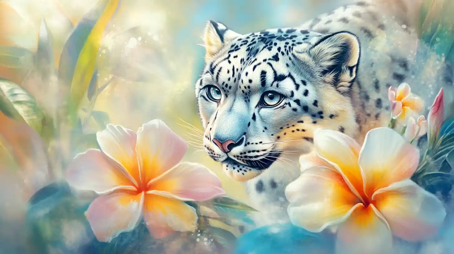 Snow leopard emerging from a surreal plumeria blossom