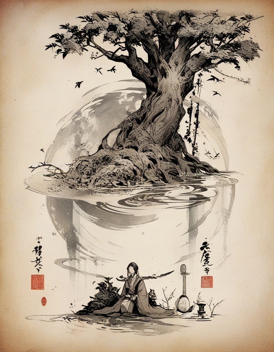 Samurai ferido descansando sob um salgueiro com um pintarroxo