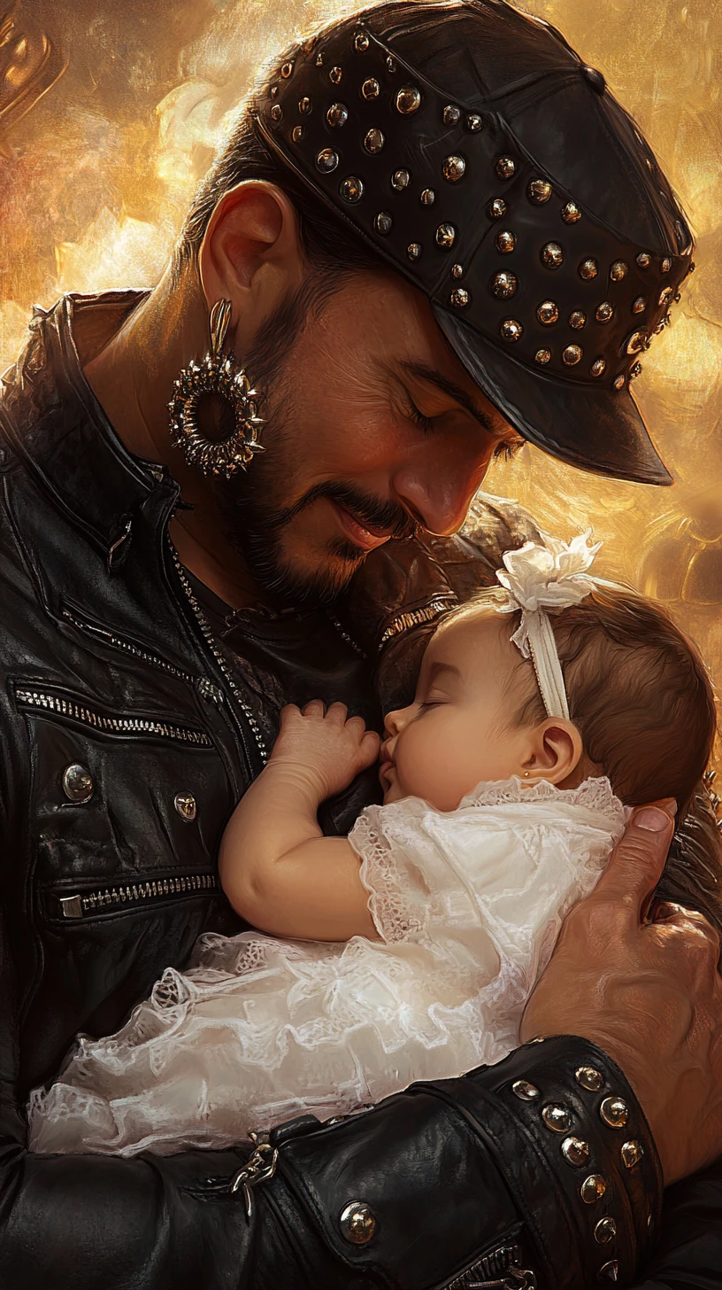 Padre rockstar acunando a su hija recién nacida en la hora dorada
