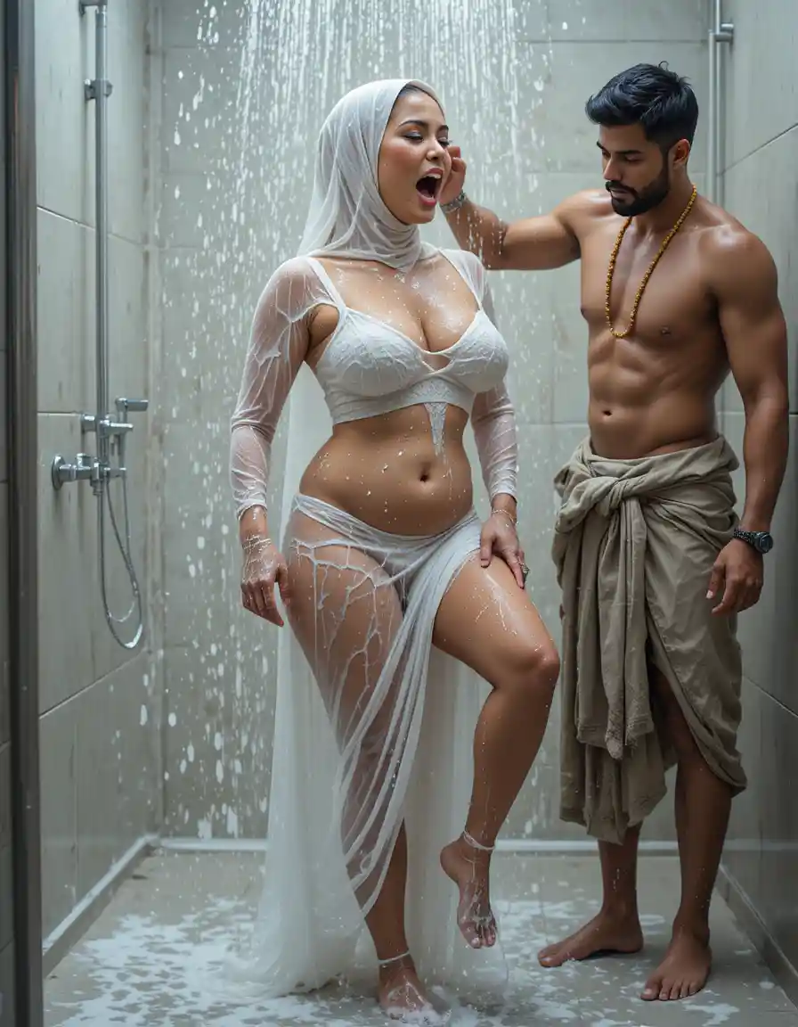 Mujer del sur de Asia duchándose con un vestido blanco transparente