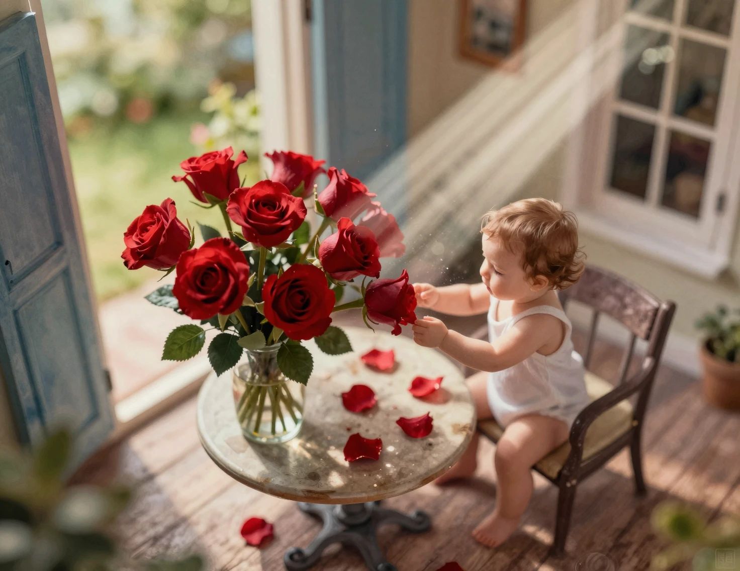 Bébé fille touchant des roses rouges dans une douce lumière cinématographique