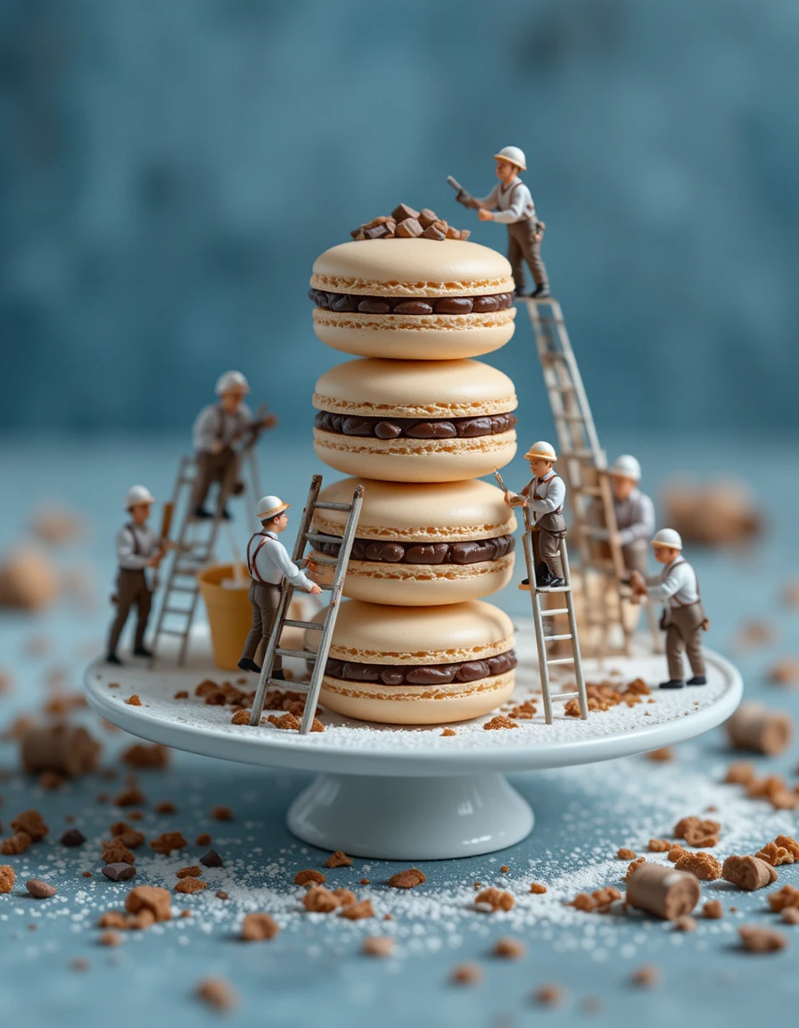 Miniaturarbeiter dekorieren Macarons in einer verträumten blauen Szenerie